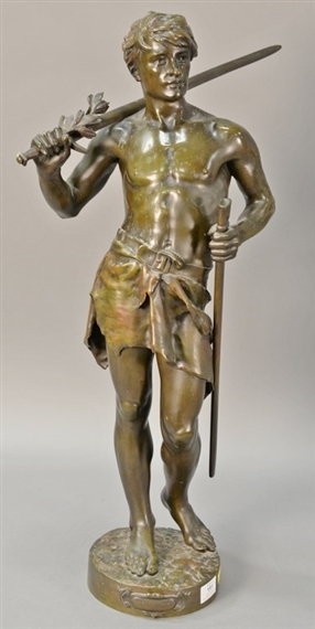 Vainqueur large bronze figure (David) standing holding a sword by Jean Jules Cambos