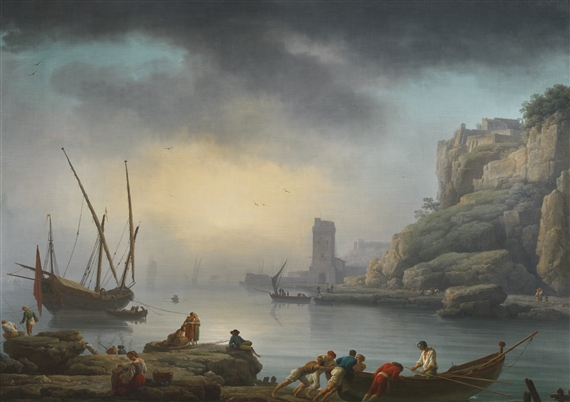 AN ITALIAN HARBOR SCENE IN THE MORNING FOG, WITH FISHERMEN DEPARTING IN THE FOREGROUND by Claude-Joseph Vernet, 1747