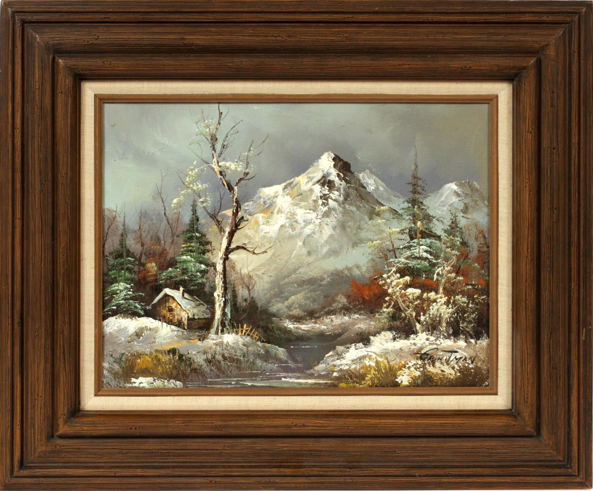G. Whitman winter landscape with river, cabin and mountains; wood