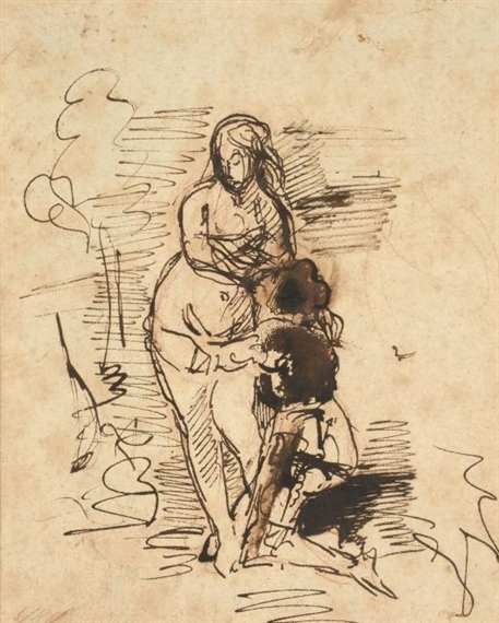 Homme implorant une femme dévêtue dans un paysage by Eugène Delacroix