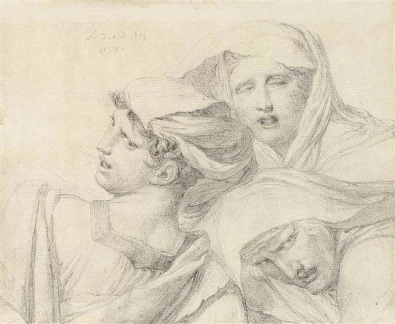 Three women in classical dress, bust length, with anguished expressions by Jacques-Louis David, 1819