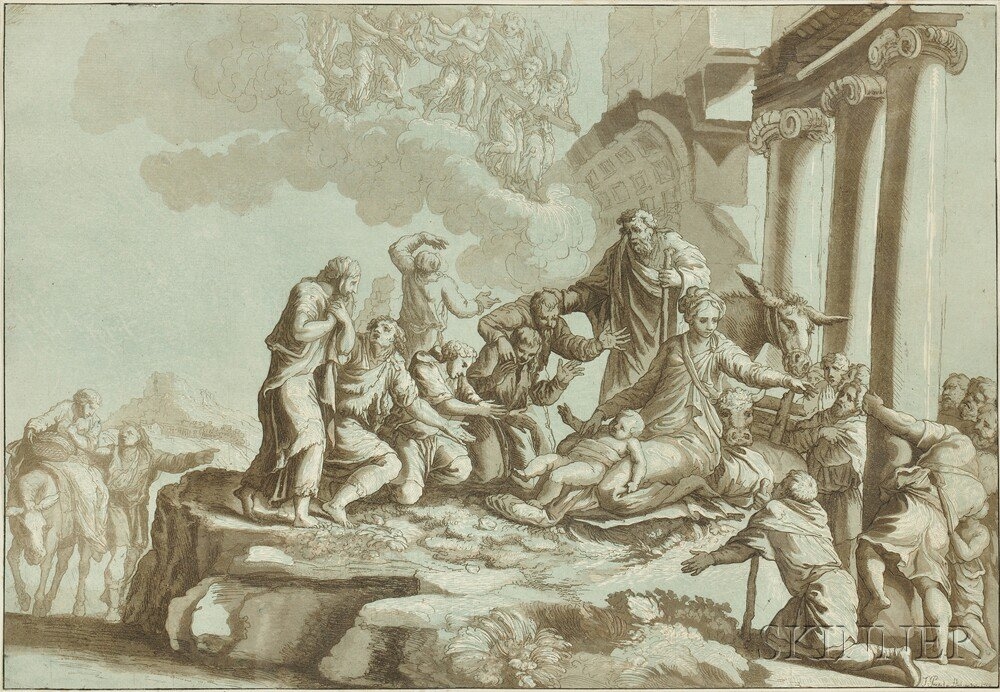 Artwork by Parmigianino, Johann Gottlieb Prestel, The Adoration of the Shepherds, Made of Etching with aquatint in two colors on green paper