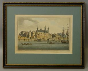 Artwork by Joseph Constantin Stadler, 4 works: The Tower, London Bridge, View of Blackfriars Bridge from Sommerset Place, View of Sommerset Place the Adelphi, from Temple Garden, Made of aquatints in colours