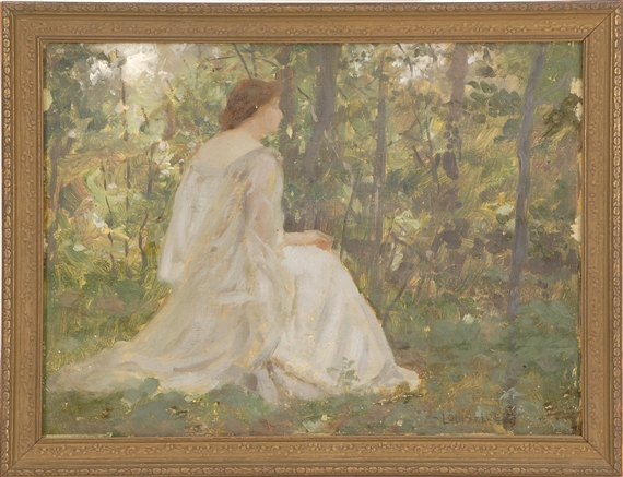A woman seated in a landscape by Louis Loeb
