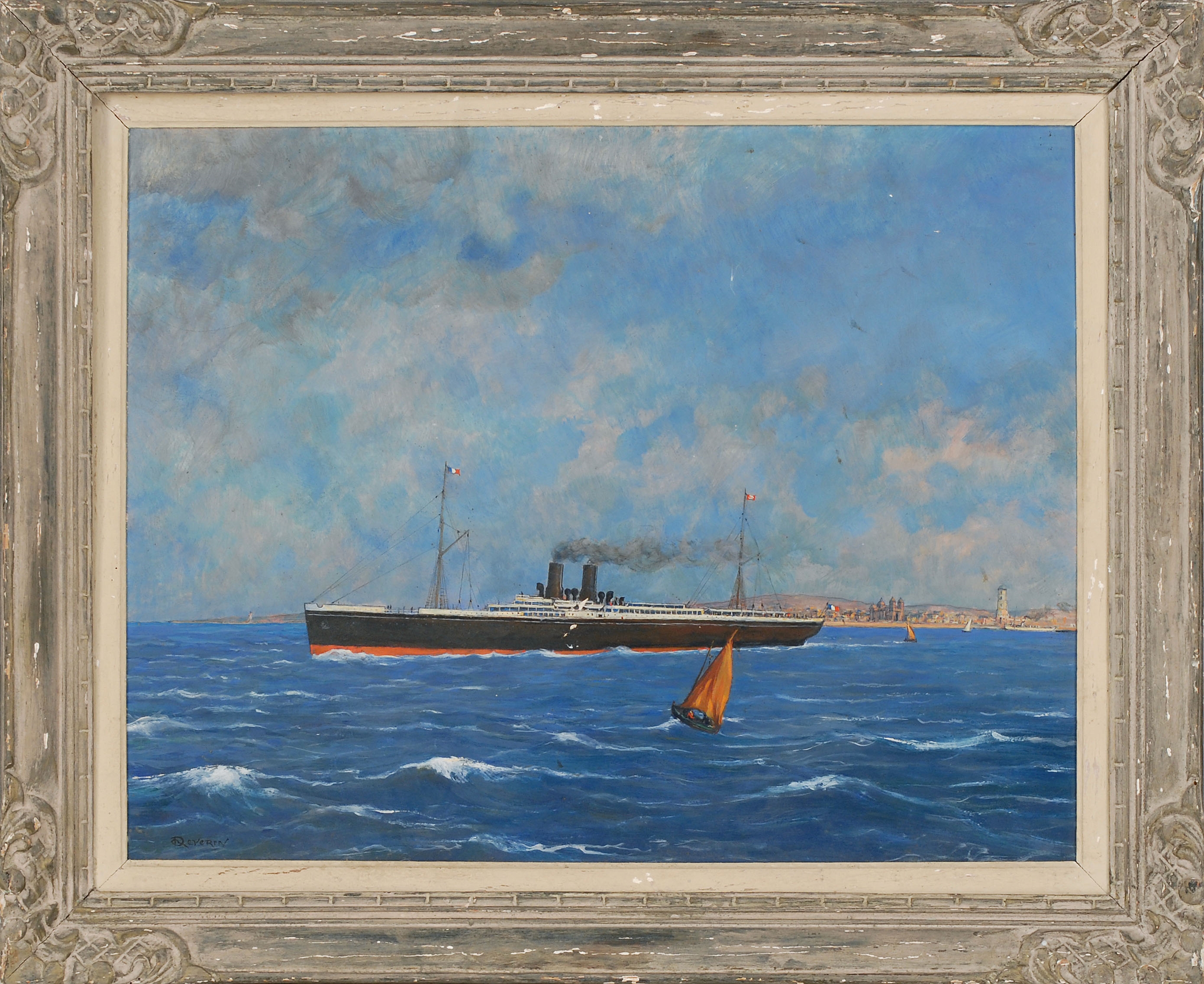 Artwork by Roger Deverin, A black-hulled French cruise ship off the coast, Made of Oil on board