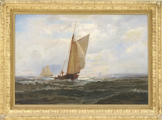 A gaff-rigged vessel at sea by Lemuel D. Eldred, 1885