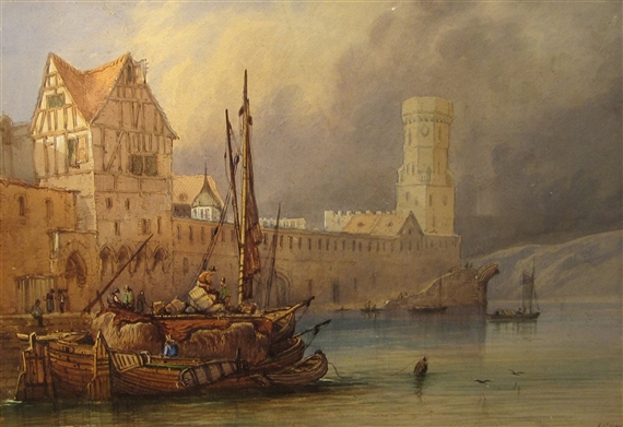 Italianate Lake Scene with Boats Unloading by the Quayside