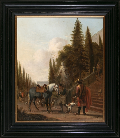 Italian garden with a horse rider by Hendrick Verschuring