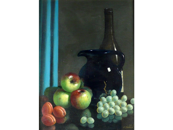 Two Works: Still lifes of fruit by K. Jessop, 1971