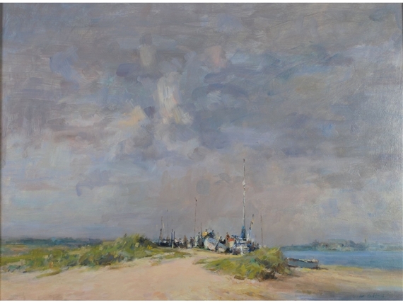 Beach scene with figures and beached boats by Gordon Radford