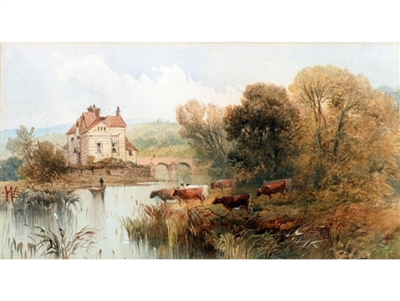 Caversham Mill, Thames Valley River landscape  with cattle watering, figure n boat  and bridge and building in background by Sophy S. Warren