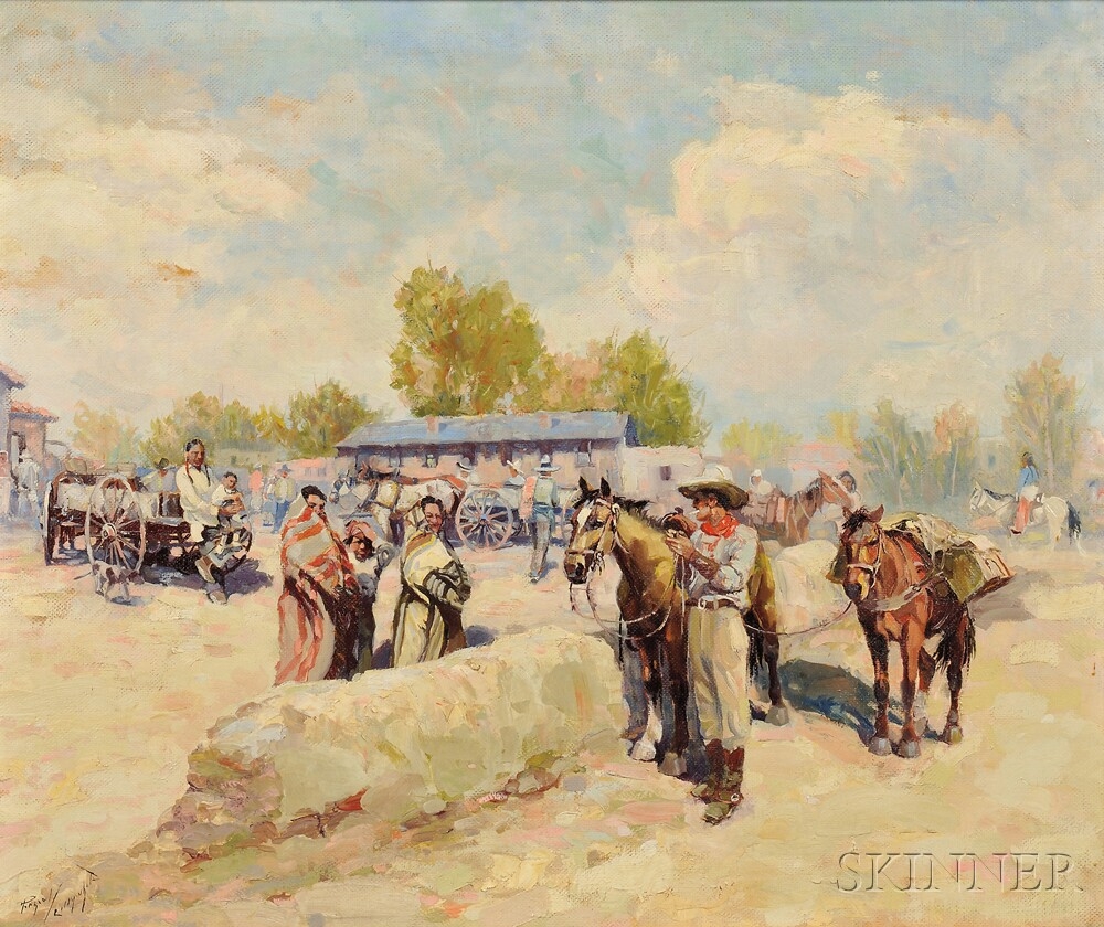 Artwork by Raphael Lillywhite, Western Village with Cowboys and Native Americans, Made of Oil on Masonite