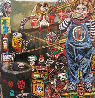 Cityscape Triptych: El and Pic-Pop (center panel), Air-Bohack-Royal-Heinz (Hot Ketchup) (left panel) & Heckers Helena & Sunnyside Times Boat! (right panel) - Philip Lawrence Sherrod