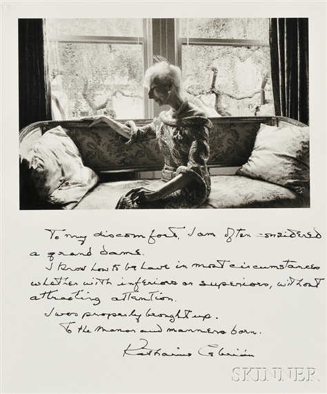 A black-and-white portrait of a seated figure in an ornate chair, accompanied by handwritten text.