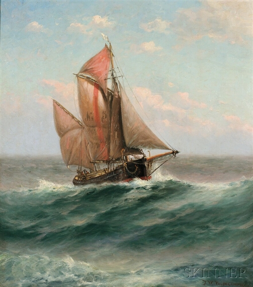 Two-masted Schooner in Full Sail by Theodore Victor Carl Valenkamph