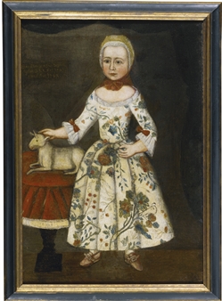 MARGARETHA SIGEL(IN) IN A CREWEL EMBROIDERED GOWN POSED WITH A LAMB - American School, 18th Century