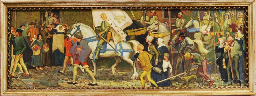 Artwork by Gordon Stevenson, Procession of a Nobleman and his Knights, Possibly a Mural Study, Made of Oil on canvas mounted to cardboard