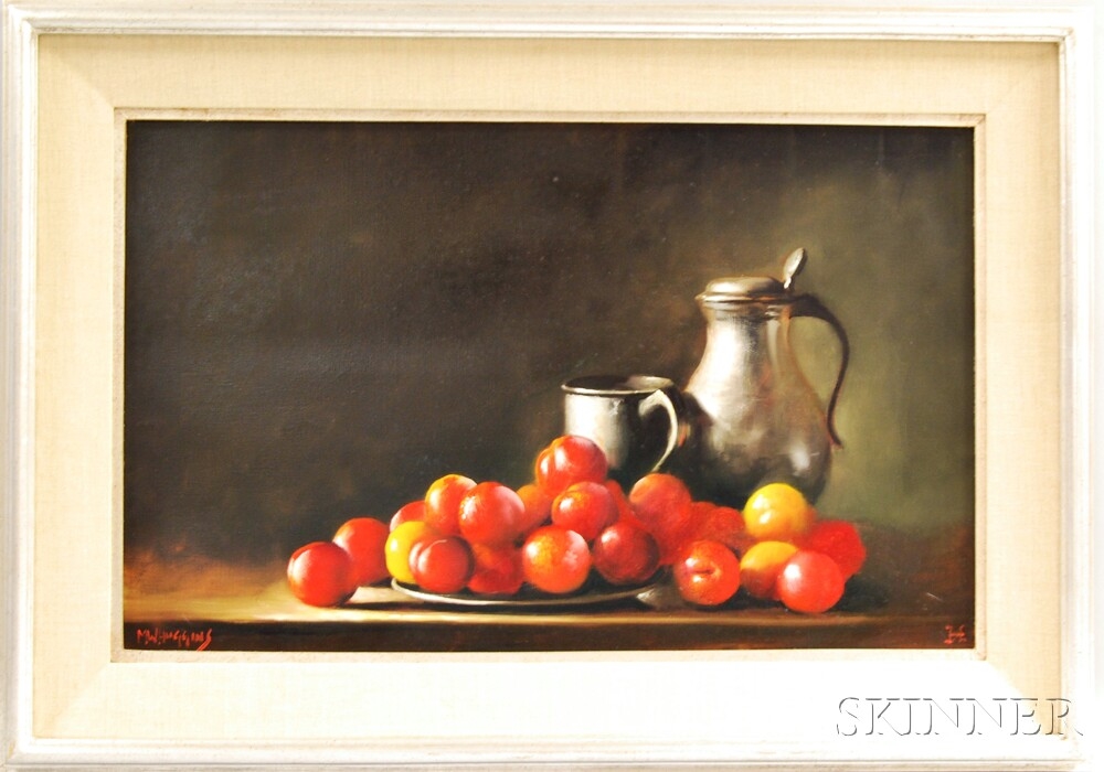 Artwork by M.W. Huggins, Still Life with Plums and Pewter, Made of Oil on canvas