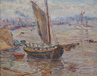 A vibrant impressionist seascape featuring a sailboat in the foreground with a distant shoreline.