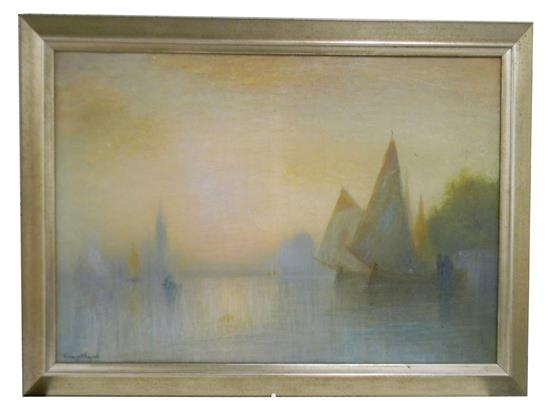 Post-Impressionist coastal seascape depicting sailboats - George H. Ragard