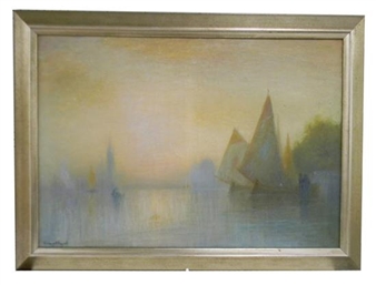 Post-Impressionist coastal seascape depicting sailboats - George H. Ragard