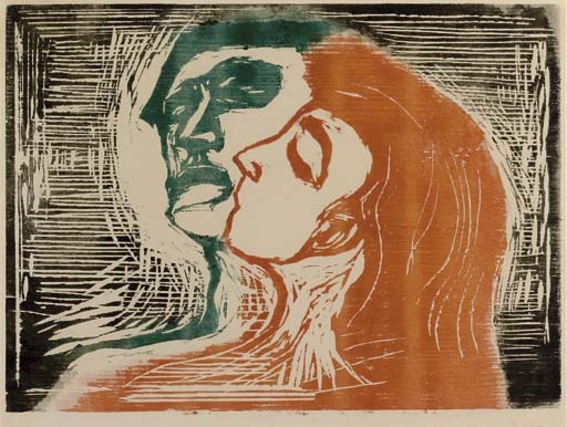 Artwork by Edvard Munch, Mann und Weib, sich kussend (Sch. 230; W. 268), Made of woodcut in blue/green