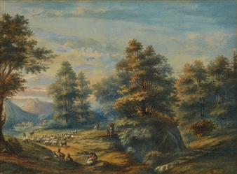 Length wooded landscape with shepherd couple, brushwood collectors and houses in the background - J. Gay