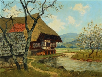 Farmhouse on brook, blooming fruit trees - Hermann Heinrich Bohlen