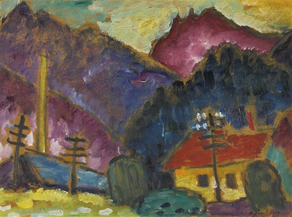 KLEINE LANDSCHAFT MIT TELEGRAPHENSTANGEN (SMALL LANDSCAPE WITH TELEGRAPH MASTS) by Alexej von Jawlensky, circa 1912