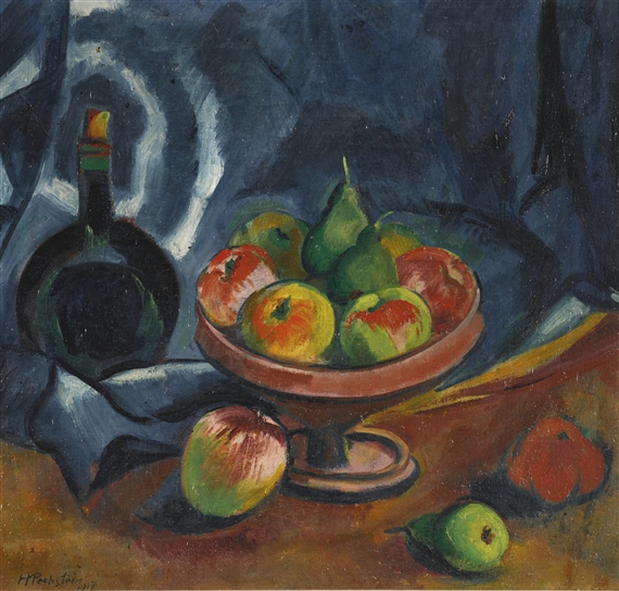 STILLLEBEN MIT WEINFLASCHE UND FRUCHTSCHALE (STILL LIFE WITH WINE BOTTLE AND FRUIT BOWL) by Max Pechstein, 1917