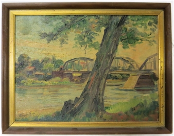 Landscape centered with a bridge over a river and a large tree in foreground - Elizabeth Rungius Fulda