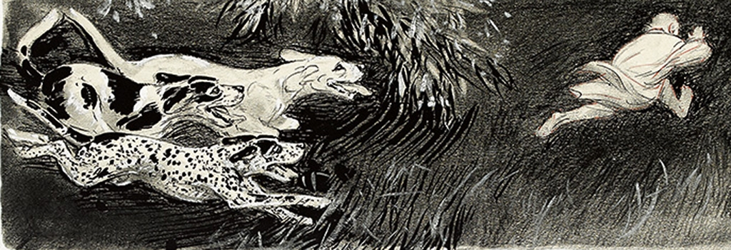 Artwork by Diana Moreira Duarte, Dogs and More Dogs, Made of mixed media with ink, chalk, and wash on board