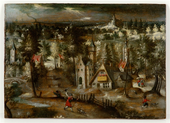 Village view by Marten van Valckenborch, painted circa 1550-1580