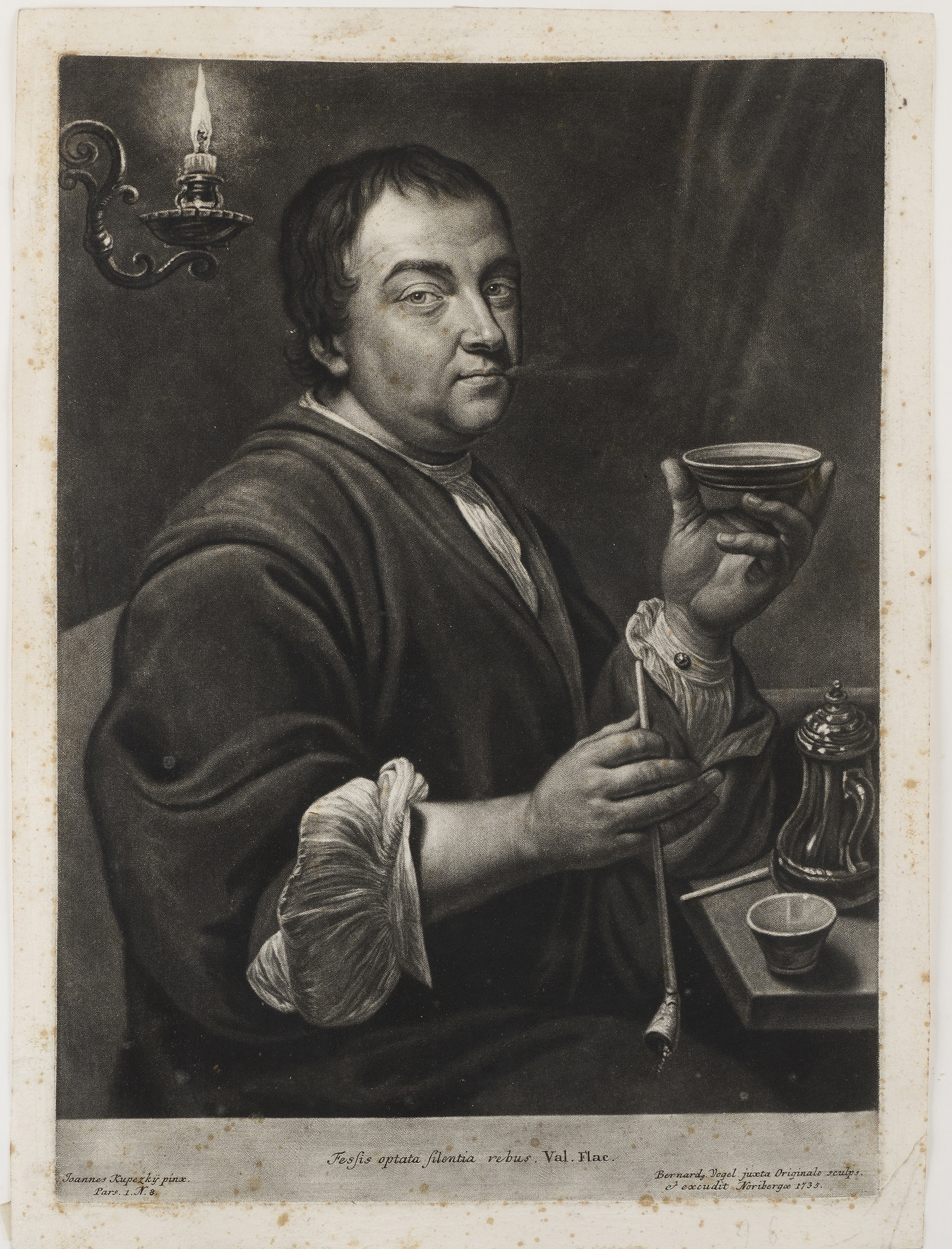Artwork by Bernhard Vogel, Portrait of Wolfgang Tobias Huth with a cup of coffee and pipe in the candle light, Made of mezzotint on paper