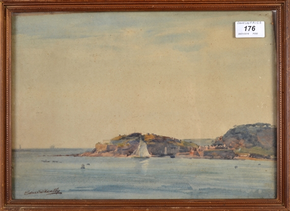 A watercolor seascape depicting a rocky coastline with a sailboat under a pale sky.