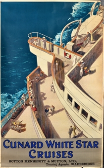 A vintage travel poster depicting a large ocean liner with passengers on deck against a deep blue sea.