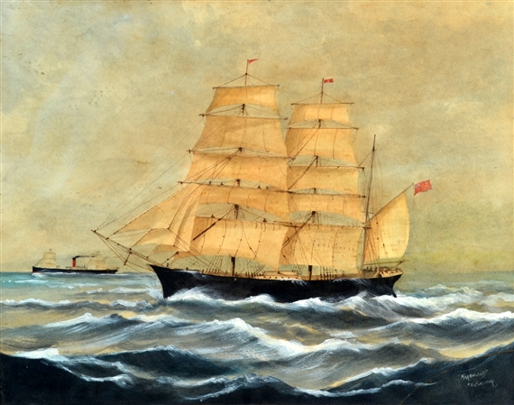 The clipper Marchwood in full sailA steamer on her bow - Lisa Buchanan