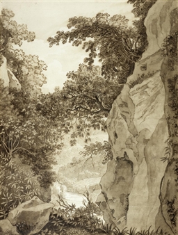 A monochromatic landscape featuring a rocky cliff, dense foliage, and a distant river.