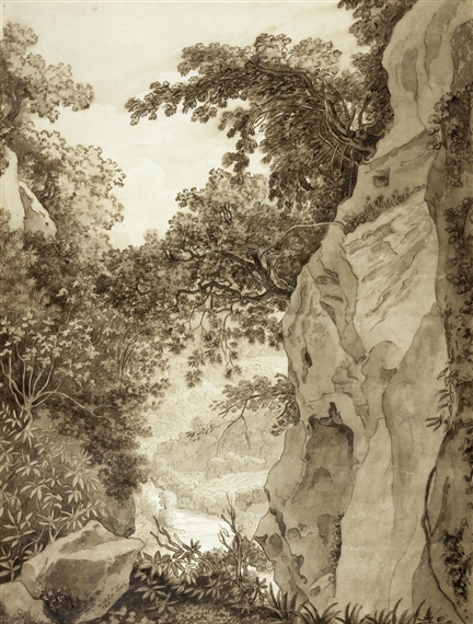A monochromatic landscape featuring a rocky cliff, dense foliage, and a distant river.