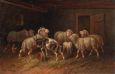 Sheep and goats in a stable by Adolf Nowey