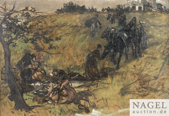 An elegant company having picnic at Solitude castle near Stuttgart by Robert Von Haug