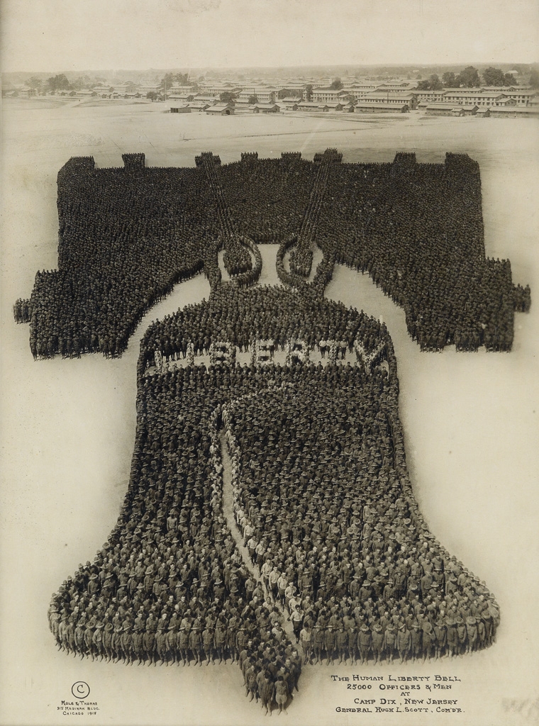 Artwork by Arthur Mole, John D. Thomas, The Human Liberty Bell, 25,000 Officers & Men at Camp Dix, New Jersey, General Hugh L. Scott, Com'd'r, Made of Silver print