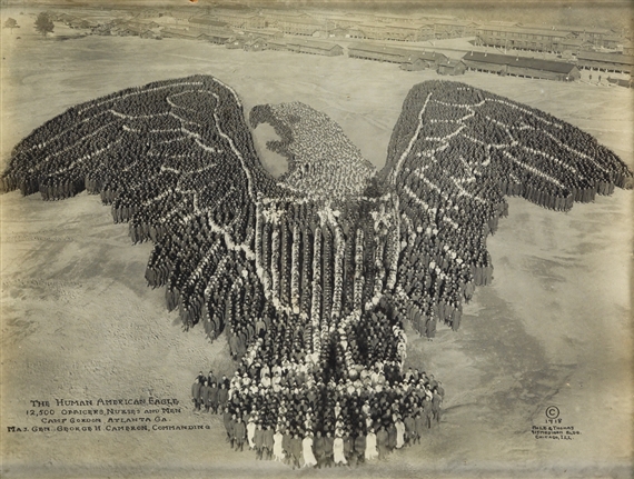 2 Works: Machine Gun Insignia, Machine Gun Training Center, 22,500 Officers and Men, 600 Machine Guns, Camp Hancock, Augusta, GA, Brig. Gen. Oliver Edwards Commanding, Lt. Col. E.P. Pierson, Directing & The Human American Eagle, 12,500 Officers, Nurses and Men, Camp Gordon, Atlanta, GA, Maj. Gen. George H. Cameron, Commanding