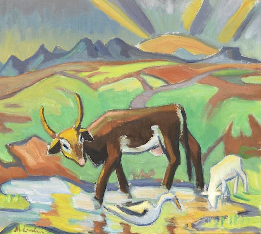 Landscape with cow, bird and sheep by Maggie Laubser