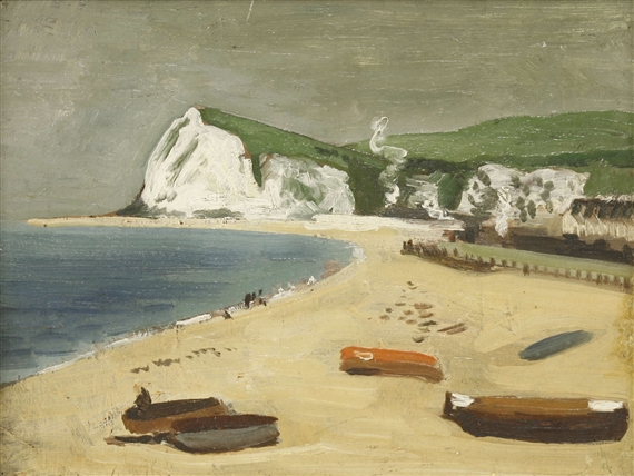 A beach scene with boats on the sand and white cliffs in the distance.