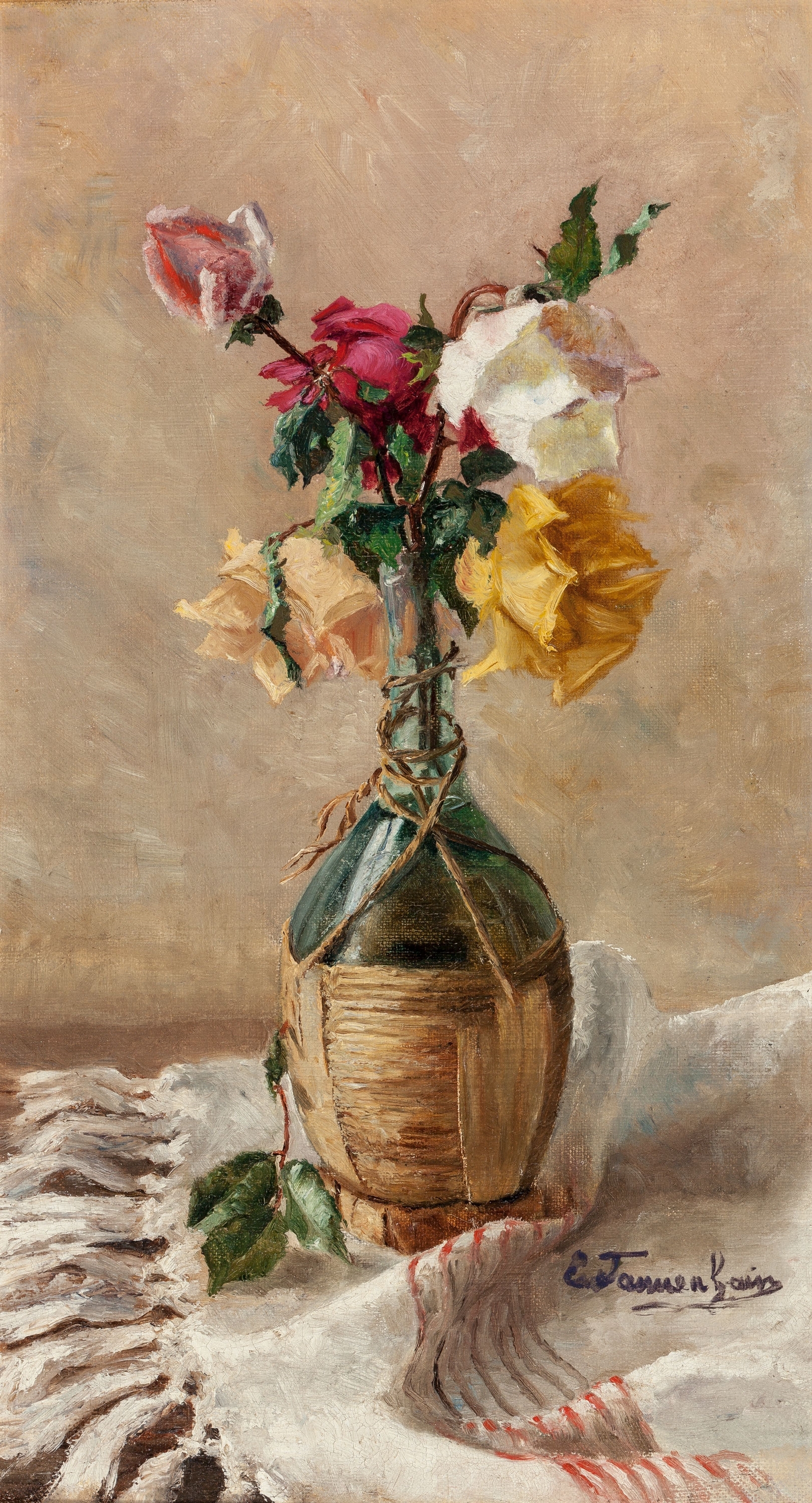 Still Life with Roses in Wine Bottle