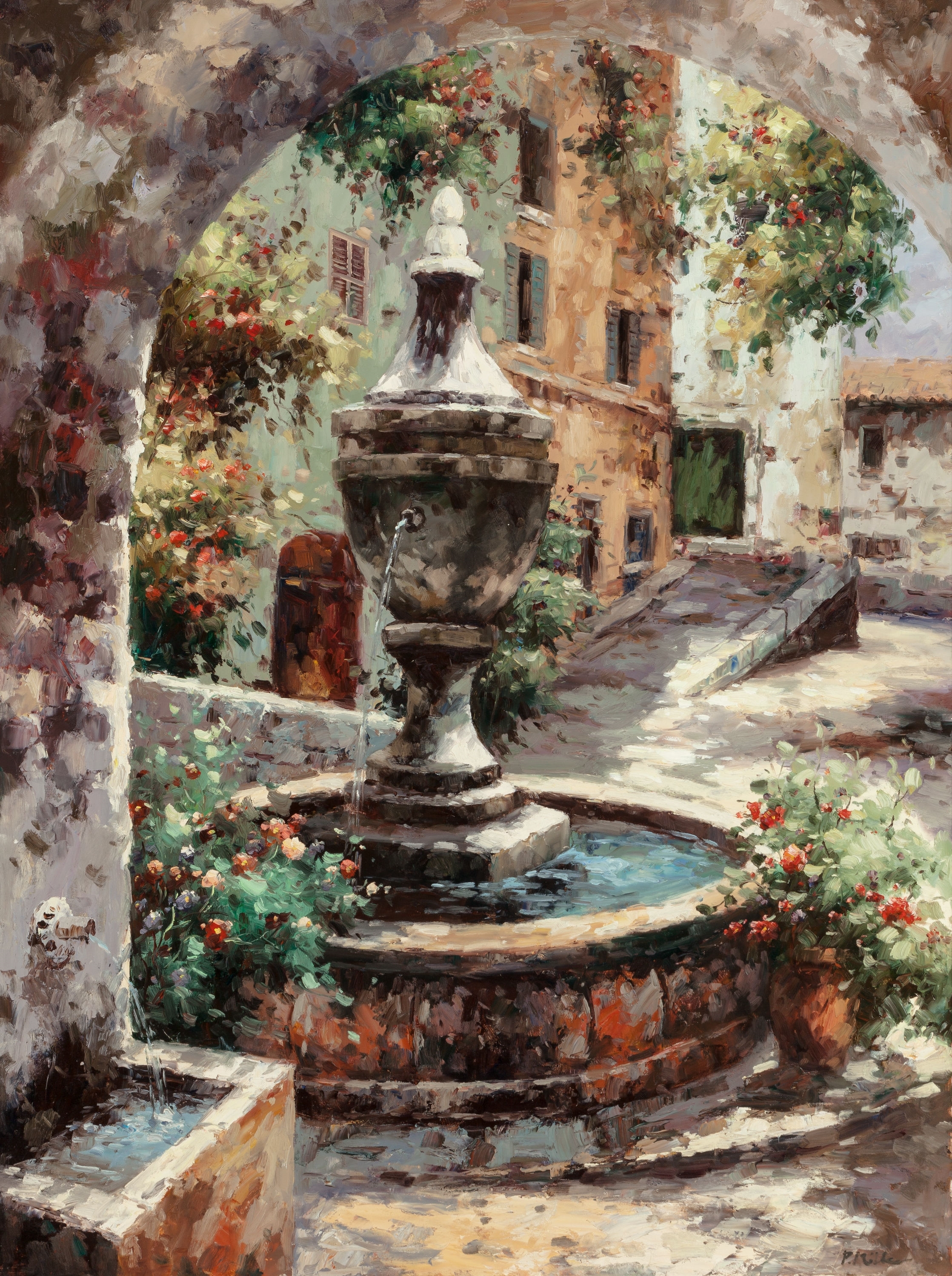 Artwork by Continental School, 20th Century, Courtyard Fountain, Made of Oil on canvas