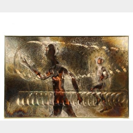 Artwork by Dale Clark, Two Figures, Made of gold and silver plate on copper, chemically treated, oxidized and etched