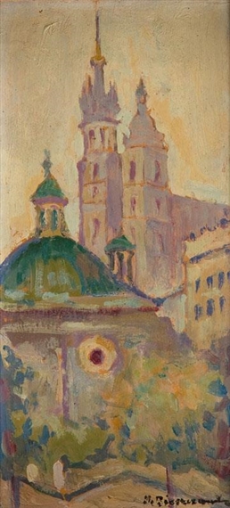 Wiew of the St. Mary's Basilica and Church of St. Adalbert in Cracow Square by Mieczyslaw Bieszczanin