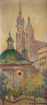Wiew of the St. Mary's Basilica and Church of St. Adalbert in Cracow Square - Mieczyslaw Bieszczanin